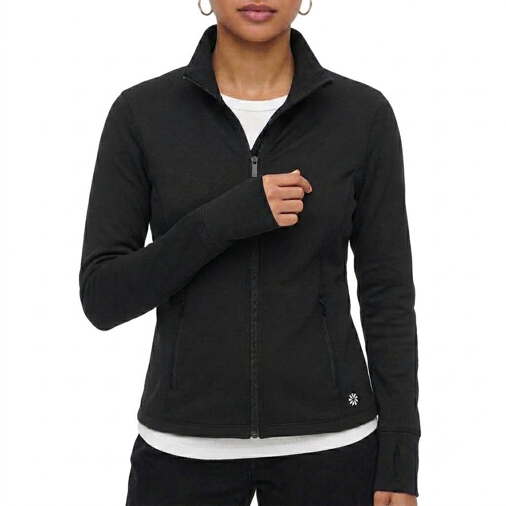 Athleta Women's Size M Black Softshell Full Zip Jacket Ribbed Hem Pockets